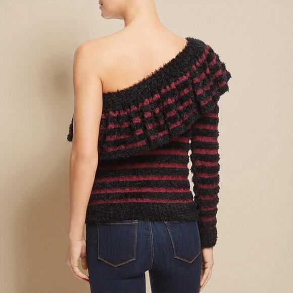 WAYF Johnie One Shoulder Sweater Purple Black Fuzzy Stripe Size M NWT - Picture 2 of 2